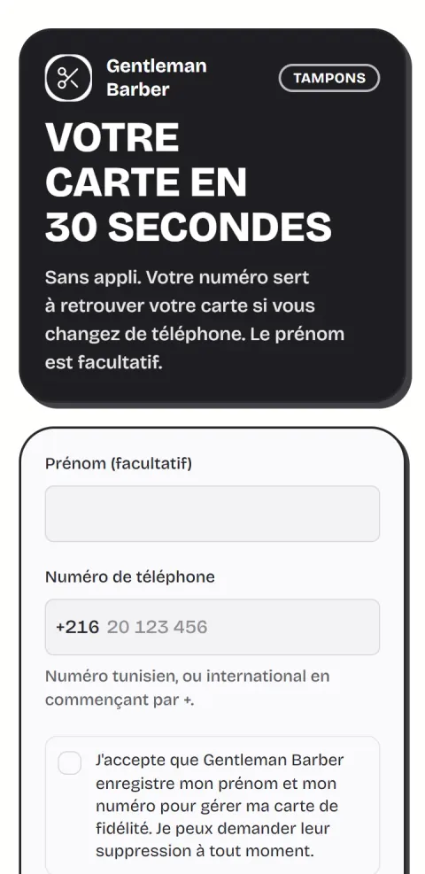 Écran de l'appli : le client rejoint la carte de Gentleman Barber